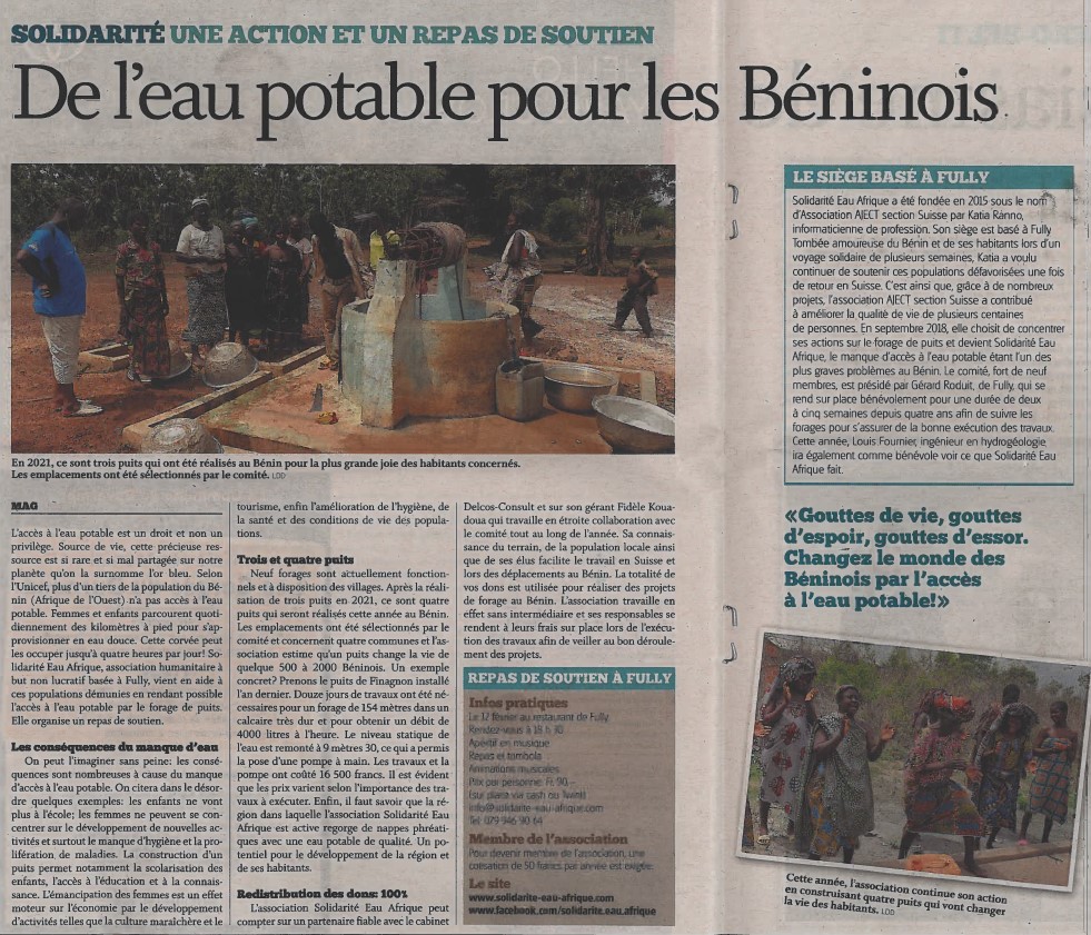 De l'eau potable pour les Béninois, article Gazette Martigny